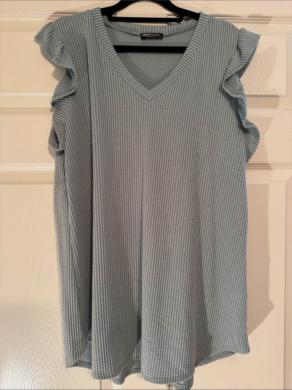 HEIMISH USA Sage Urban Ribbed V-Neck Top with Ruffle Sleeves